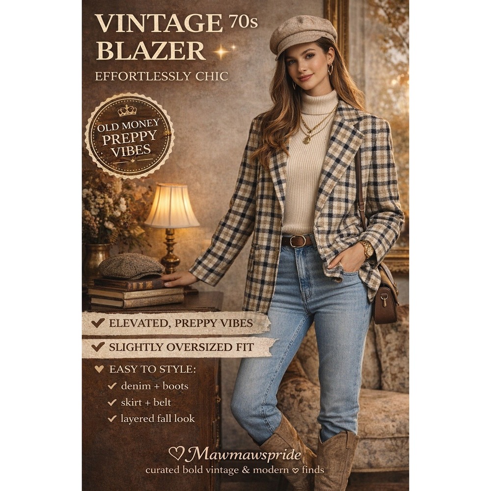 Vintage 70s Plaid Blazer Oversized Women Brown Cream Preppy Old Money Jacket 40R